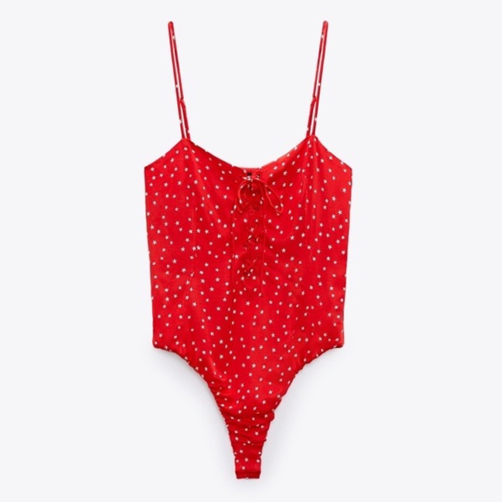 4th of July Zara red stripe satin effect body suit nwt